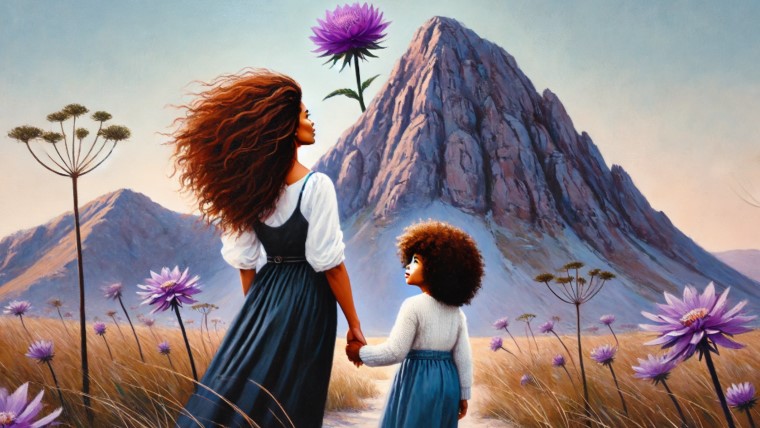 A mother and daughter looking up at one single flower bloom on top of a mountain.